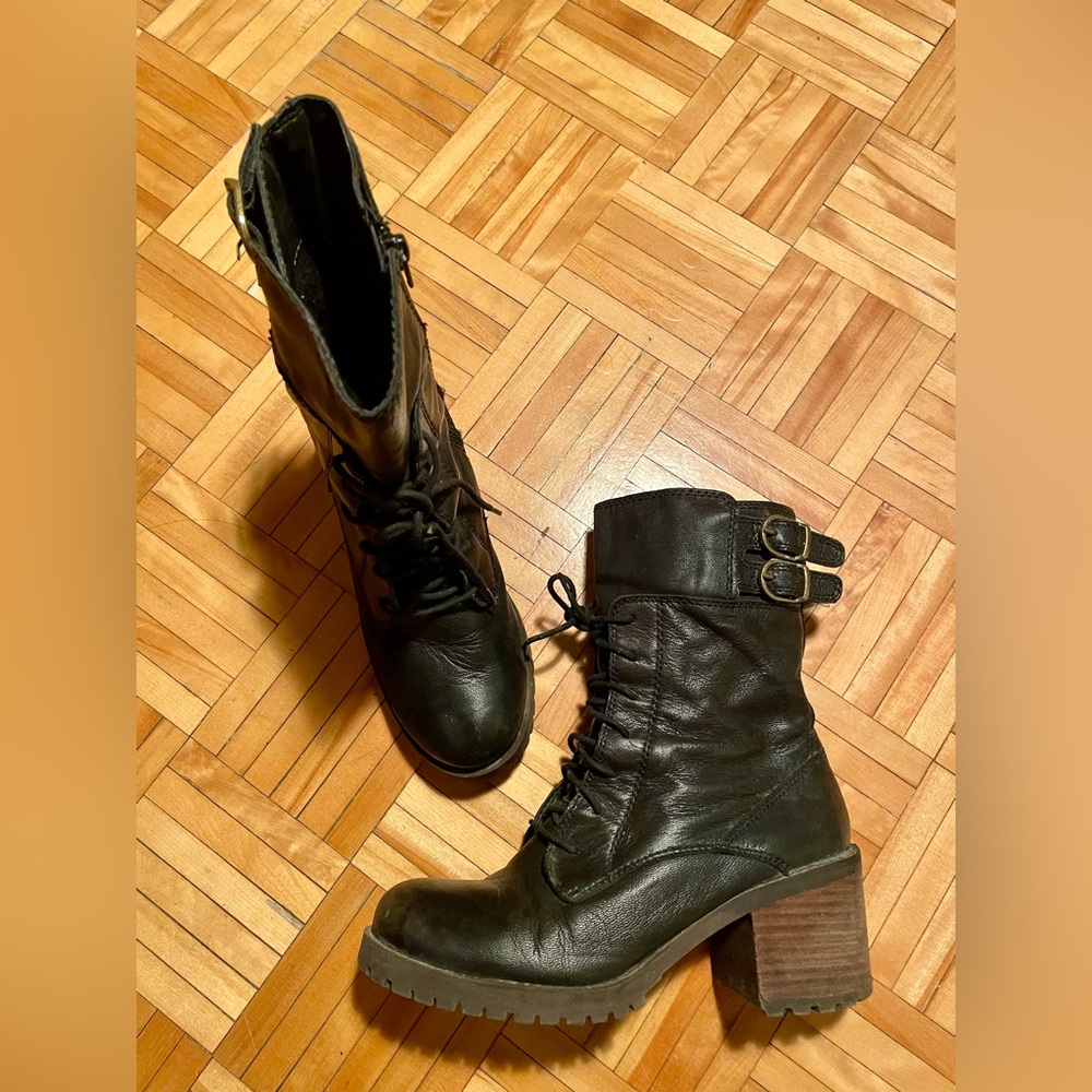Lucky Brand Black Leather Boots – Size 7.5–8 – Lace-Up + Side Zipper